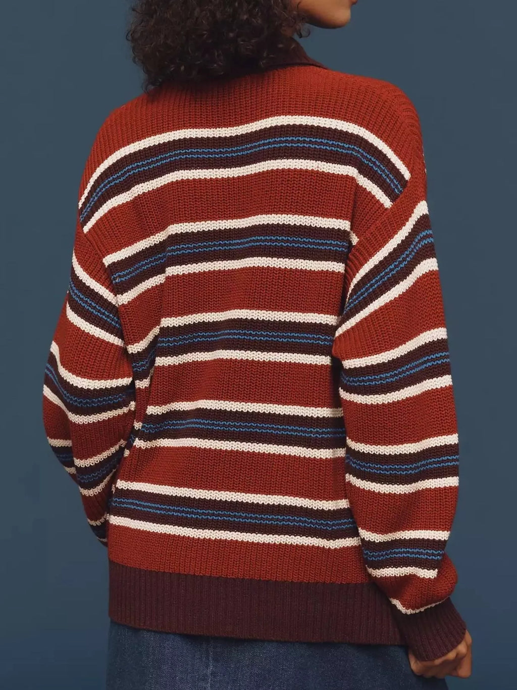 Striped Button Detail Polo Collar Sweater