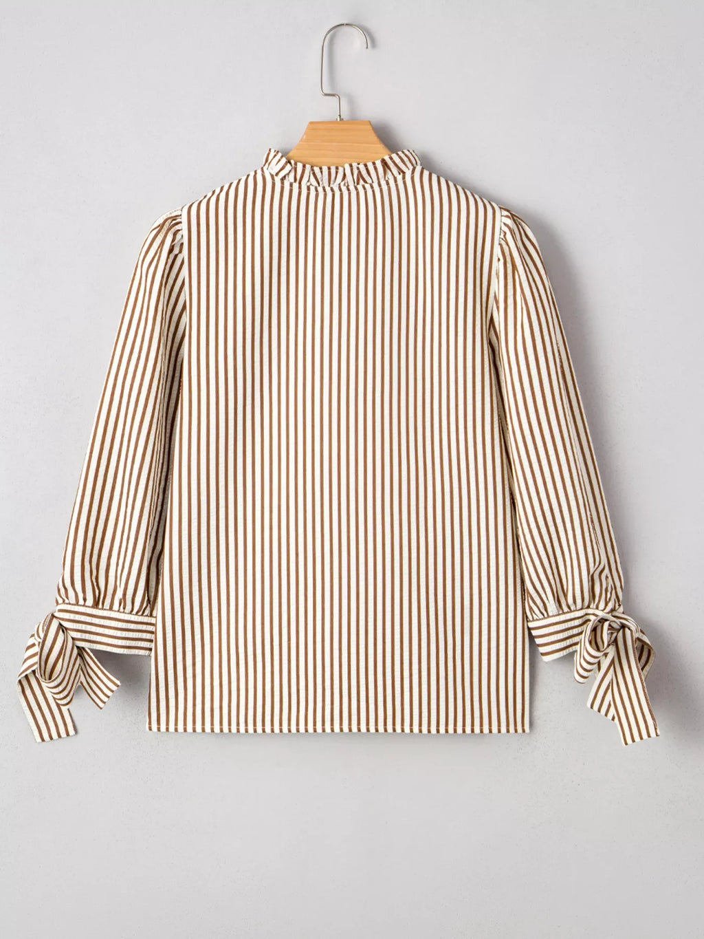 Striped Ruffled Neck Blouse with Tie Sleeves