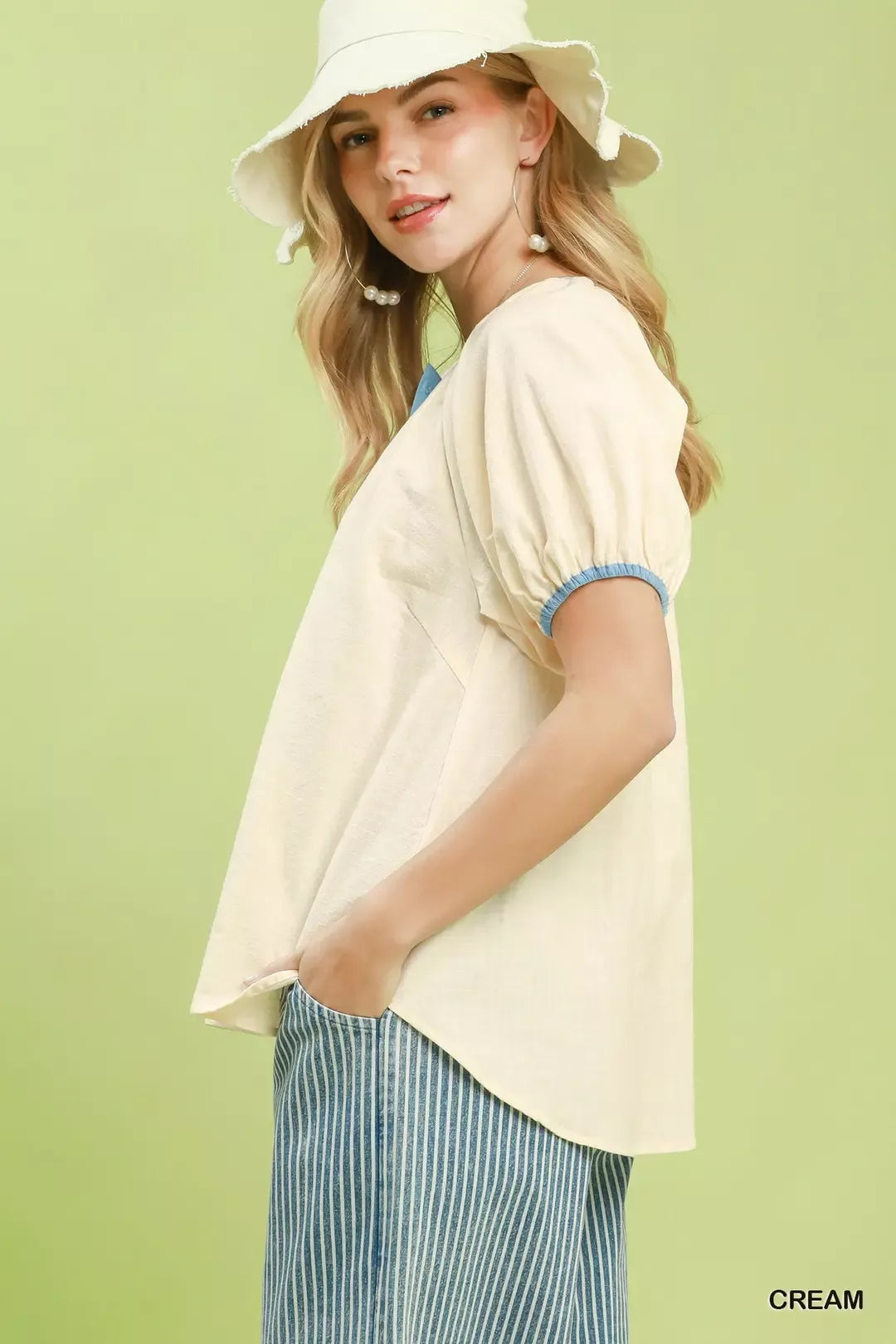 Umgee Contrast Trim Button Front Puff Sleeve Blouse
