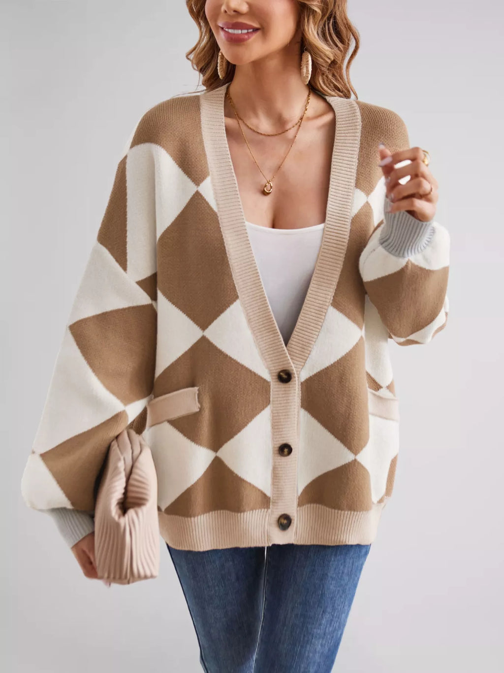 Diamond Pattern Button-Up Knit Cardigan