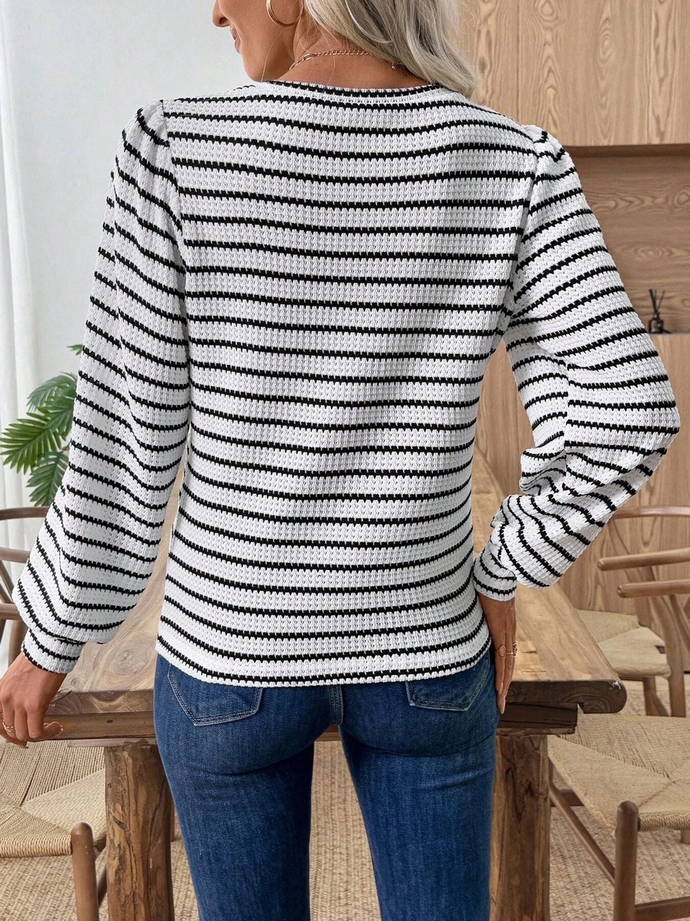 Striped Long Sleeve Texture Knit T-Shirt