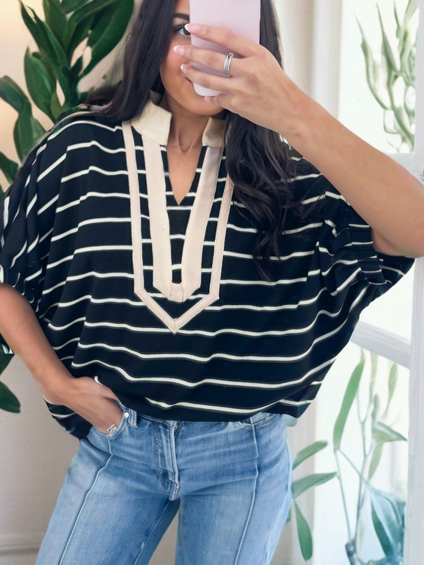 Stripe Stand Collar V Neck Elastic Cuffs Half Sleeve Dolman Top
