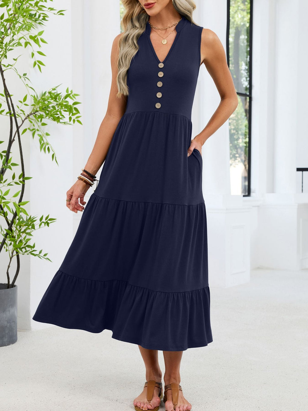 Sleeveless Notched Tiered Midi Dress
