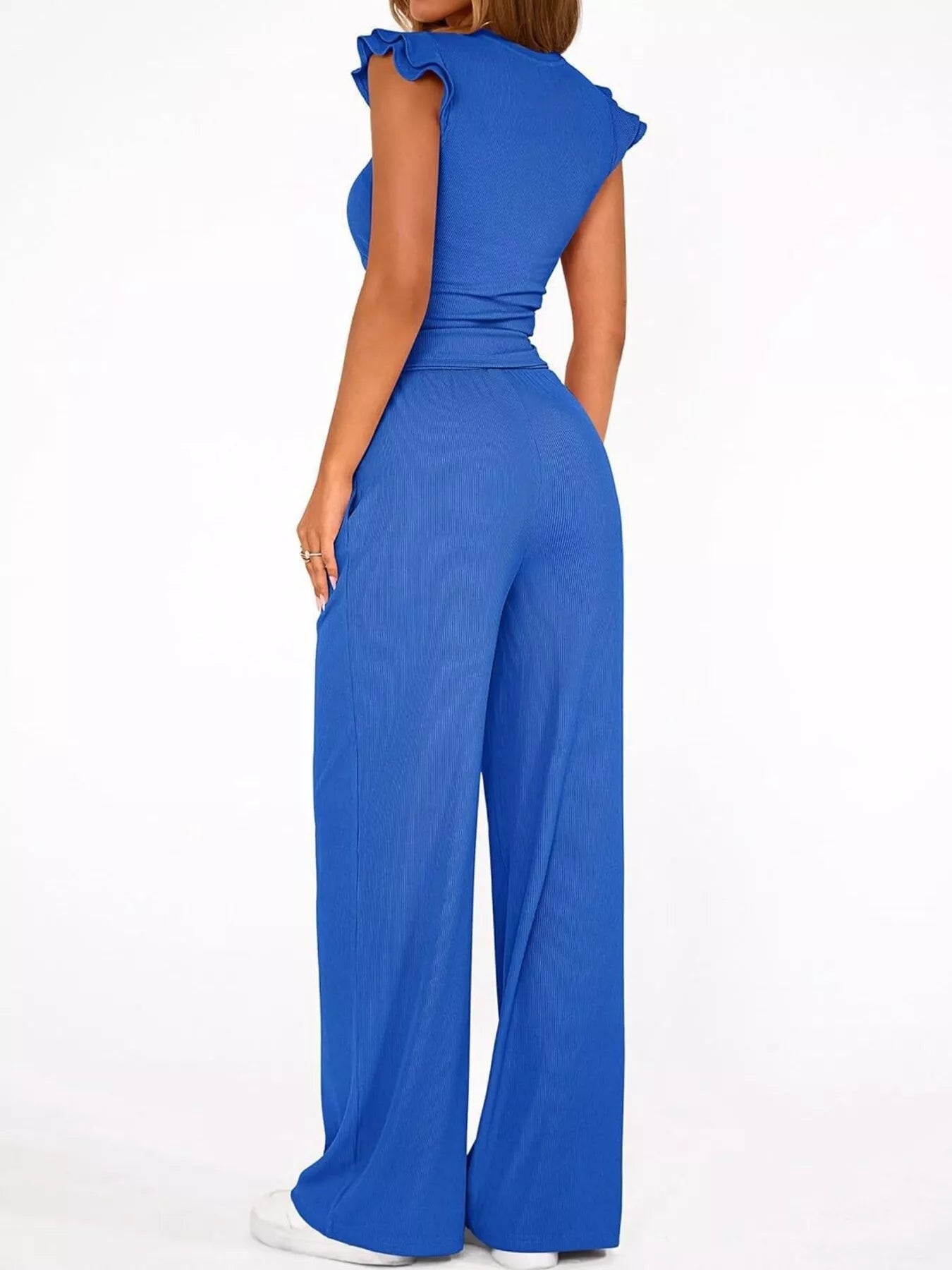 Ruffled Mock Neck Top and Wide Leg Pants Set