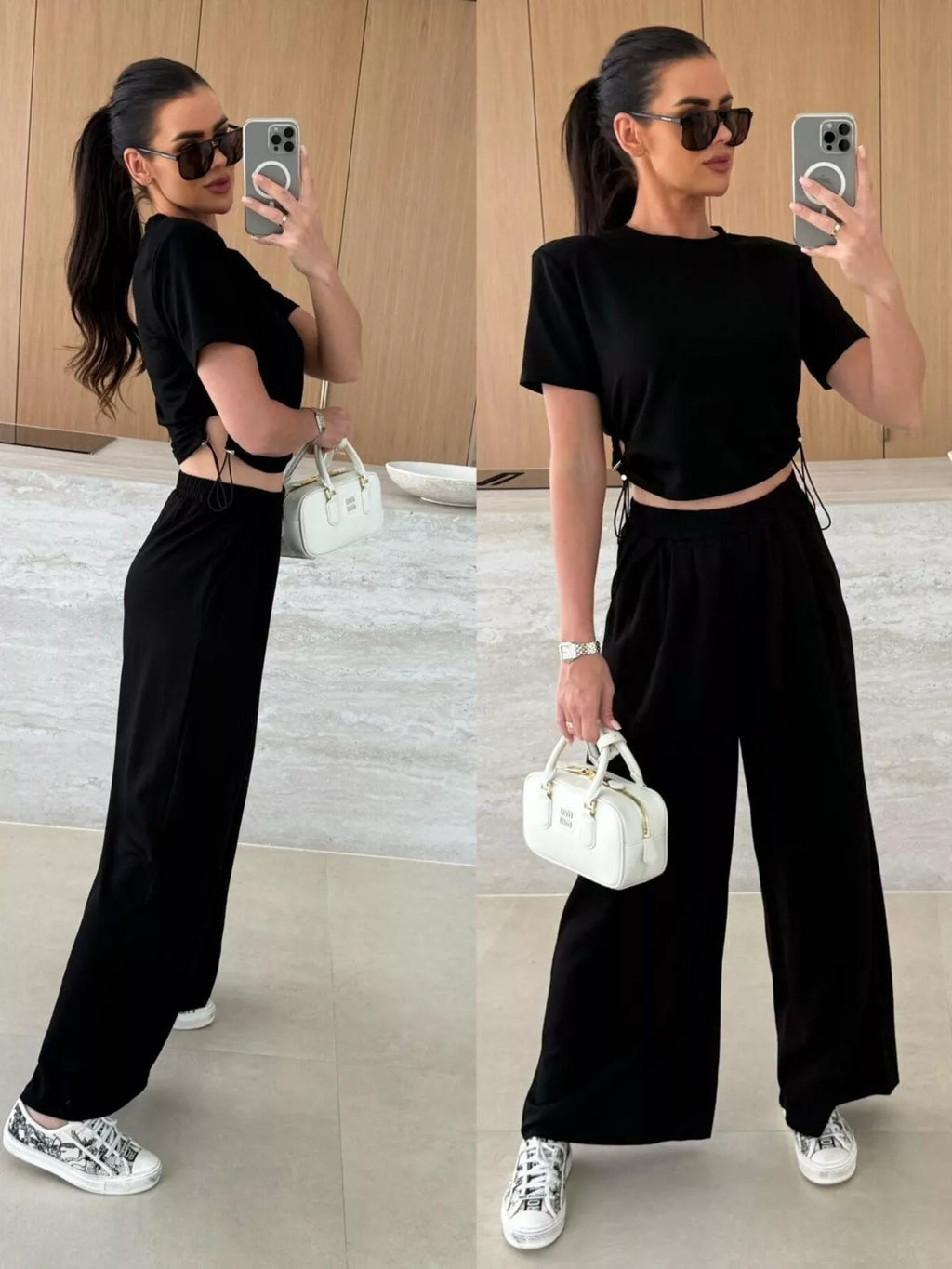 Drawstring Crop Top and Wide-Leg Pants Set