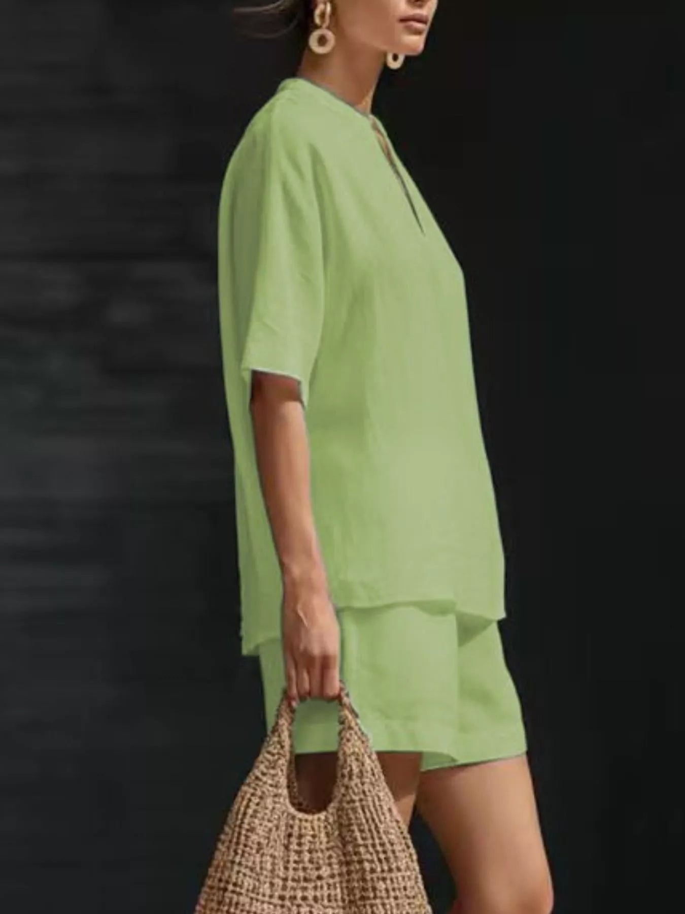 Notched Half Sleeve Top and Shorts Set