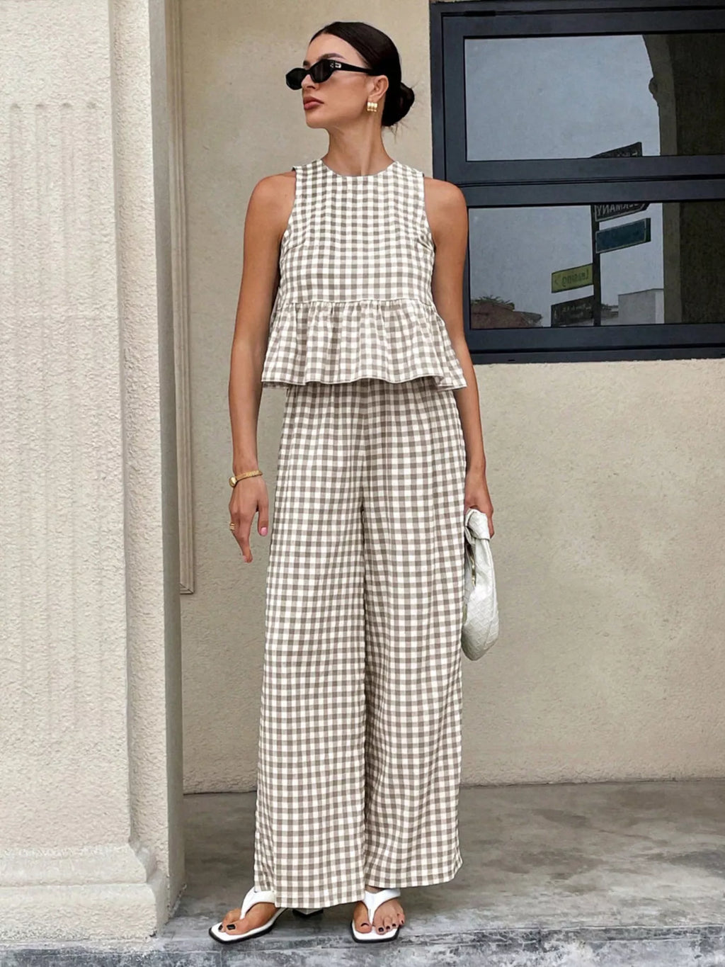 Gingham Sleeveless Top and Wide Leg Pants Set