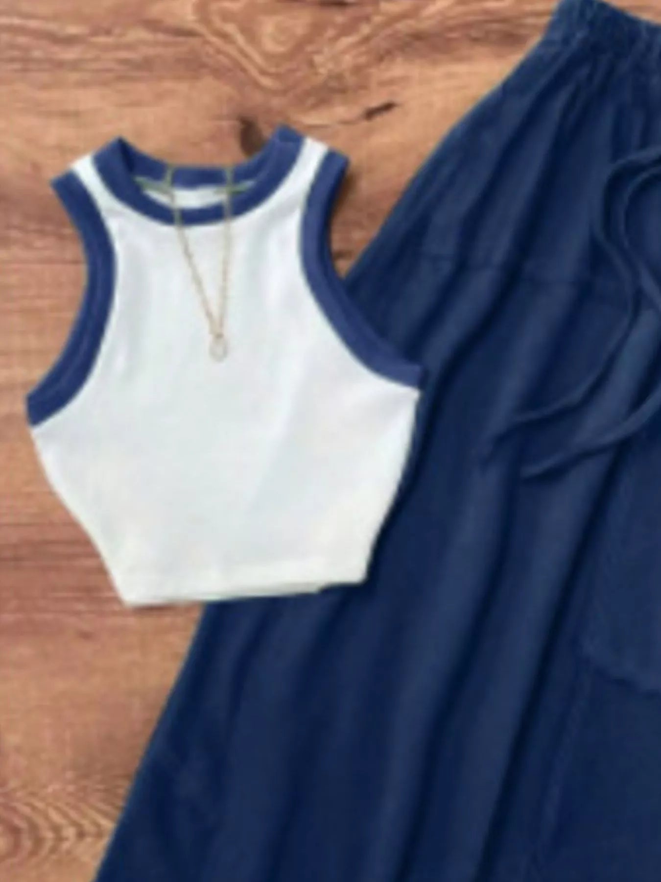 Contrast Trim Tank and Drawstring Waist Skirt Set