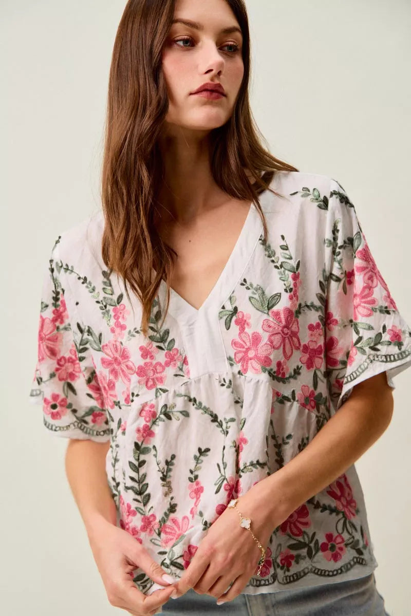 SO ME Floral Embroidered V Neck Boho Blouse Top