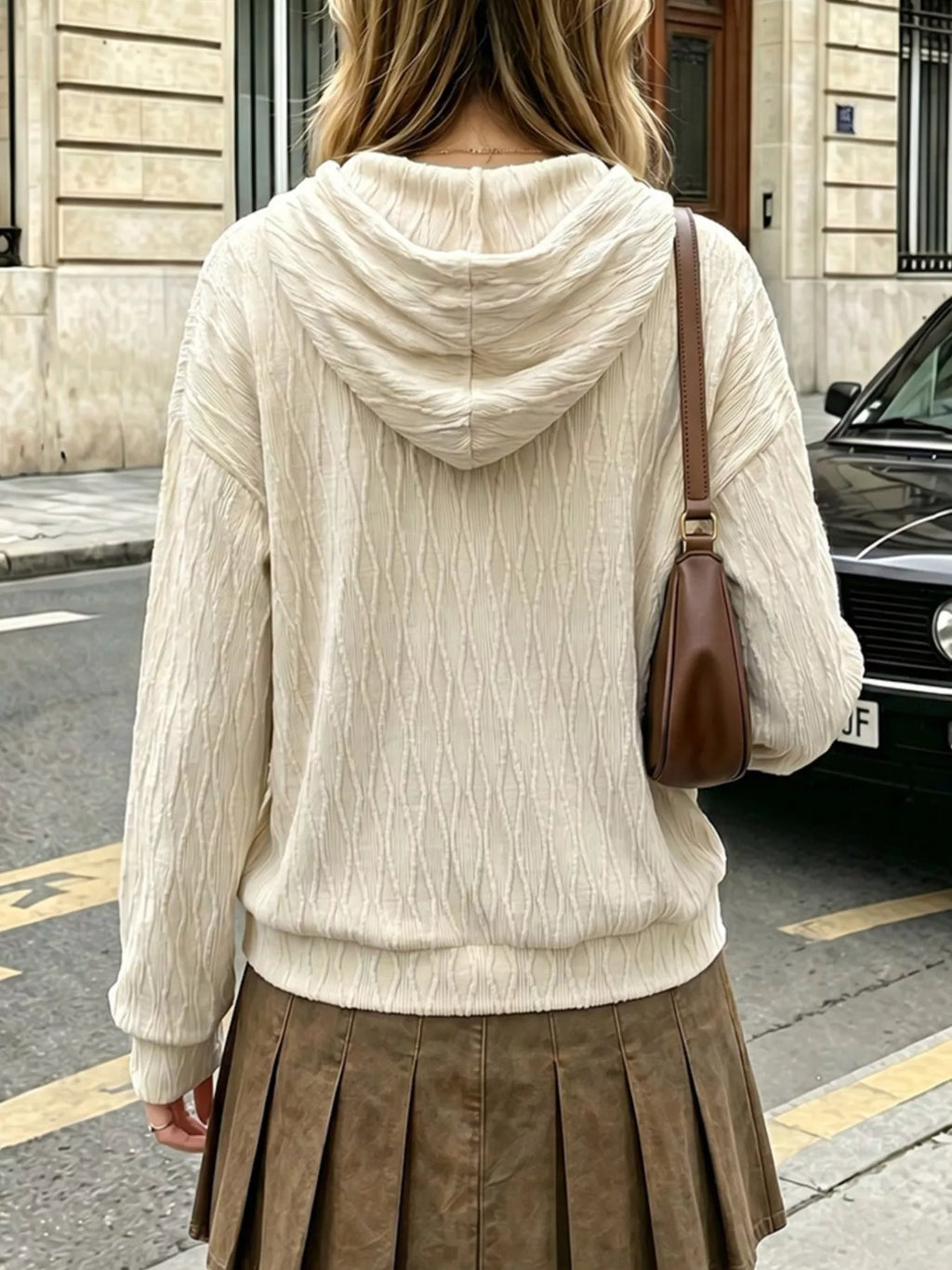 Textured Drawstring Dropped Shoulder Hoodie