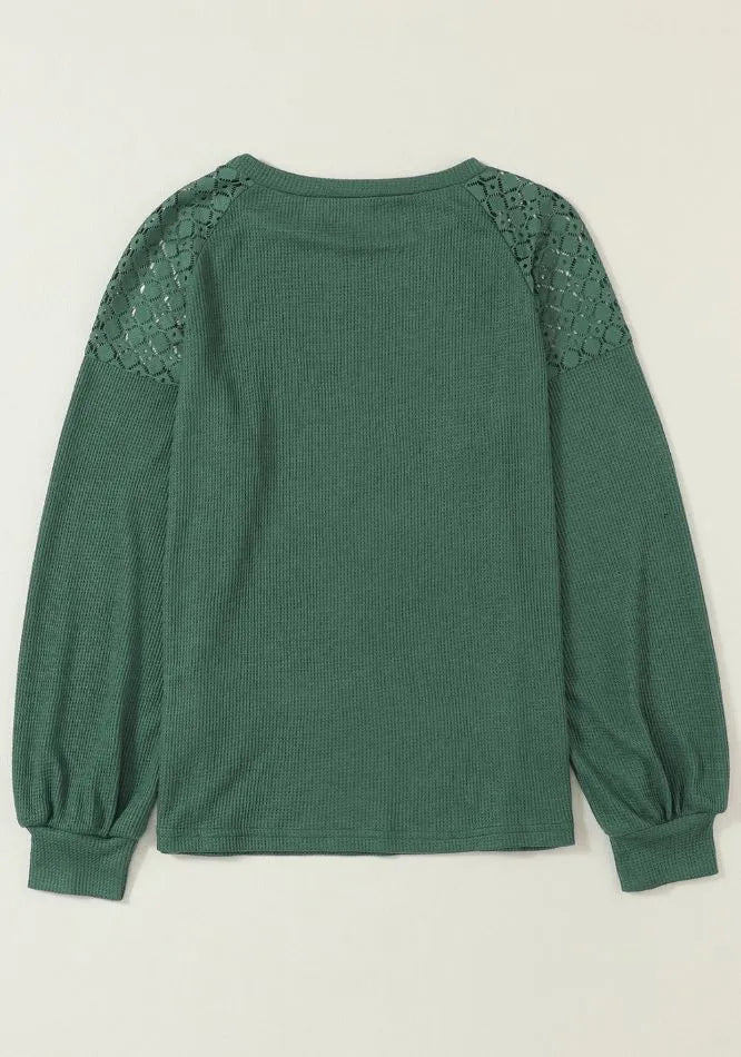Lace Detail Round Neck Lantern Sleeve Top