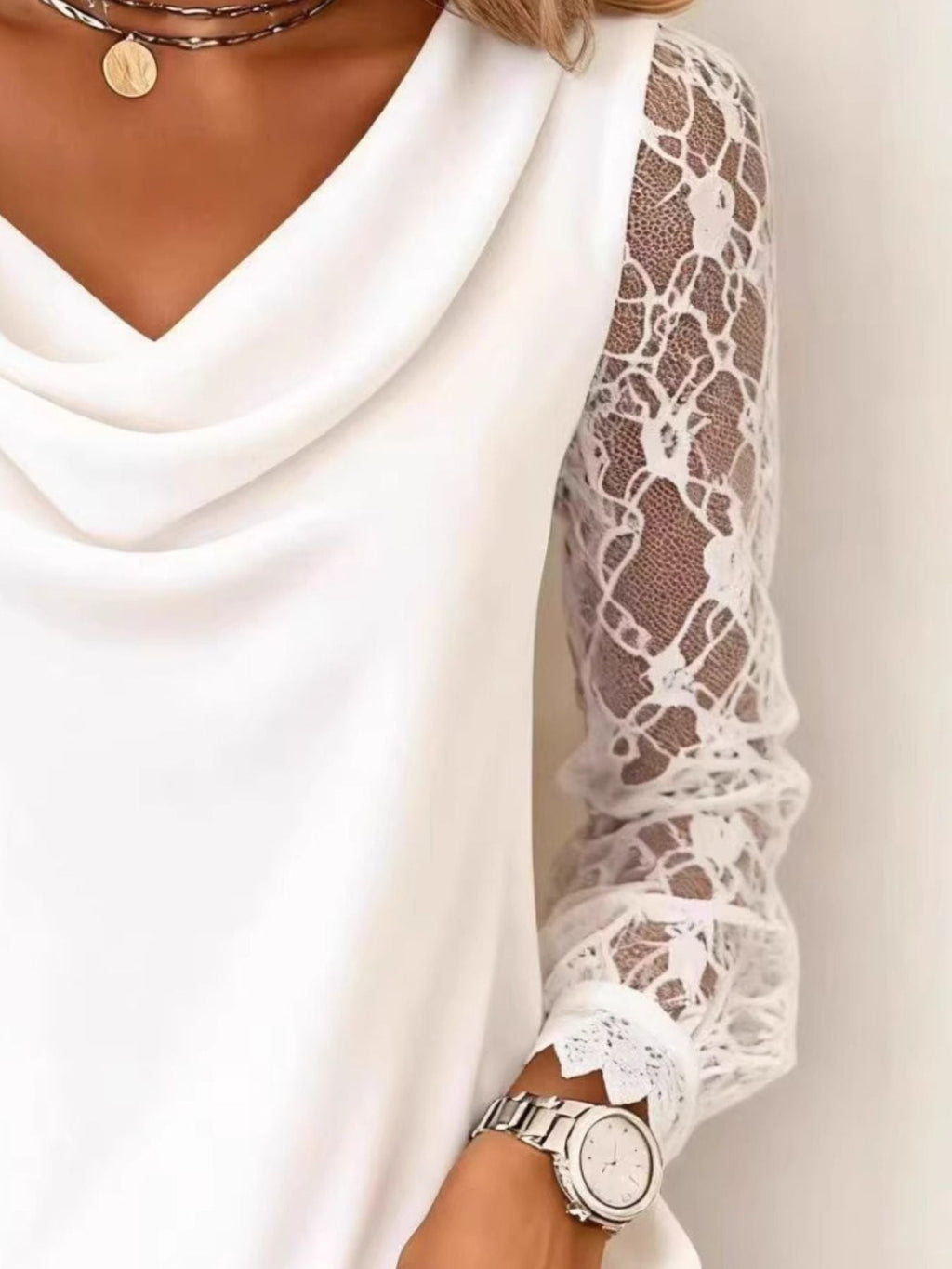 Lace Sleeve Cowl Neck Blouse