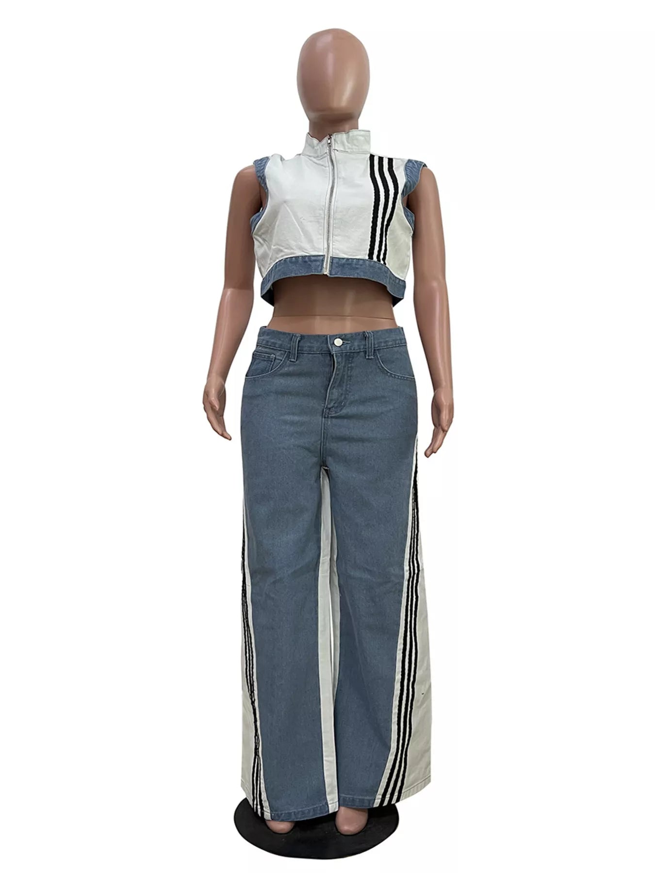 Zip Front Crop Top and Striped Pants Set