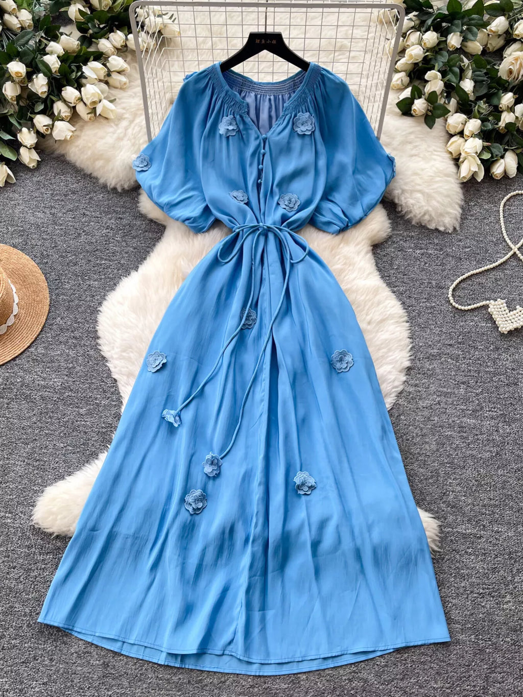 Floral Decor Tie Waist Puff Sleeve Dress