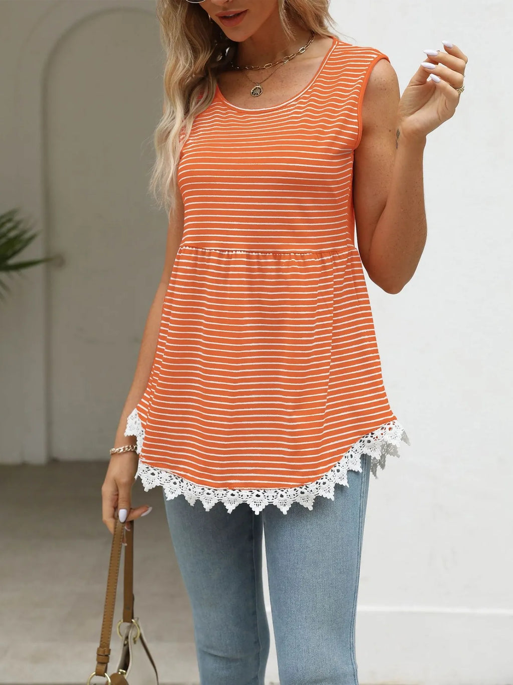 Lace Trim Sleeveless Babydoll Tank Top