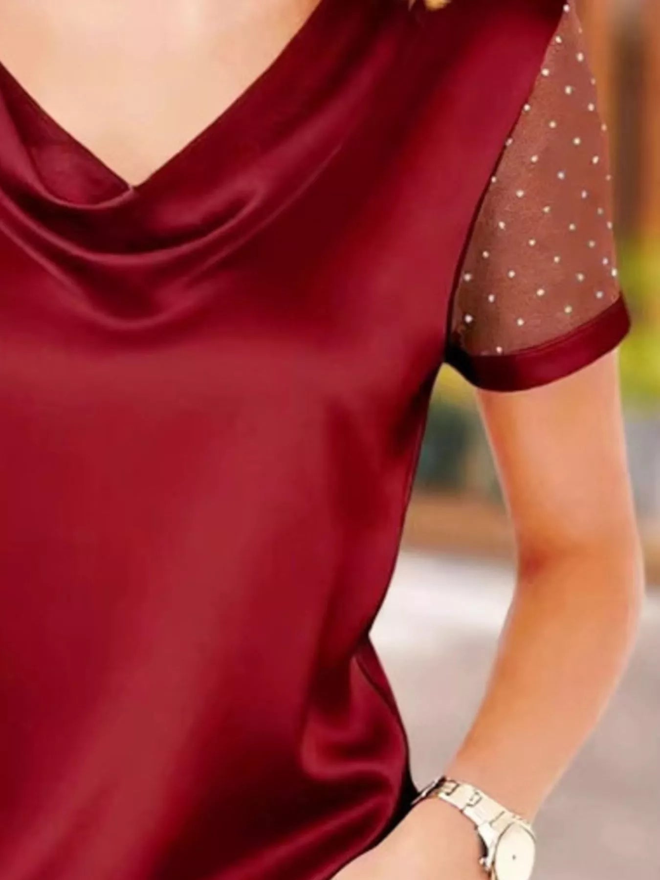 Cowl Neck Polka Dot Short Sleeve Top