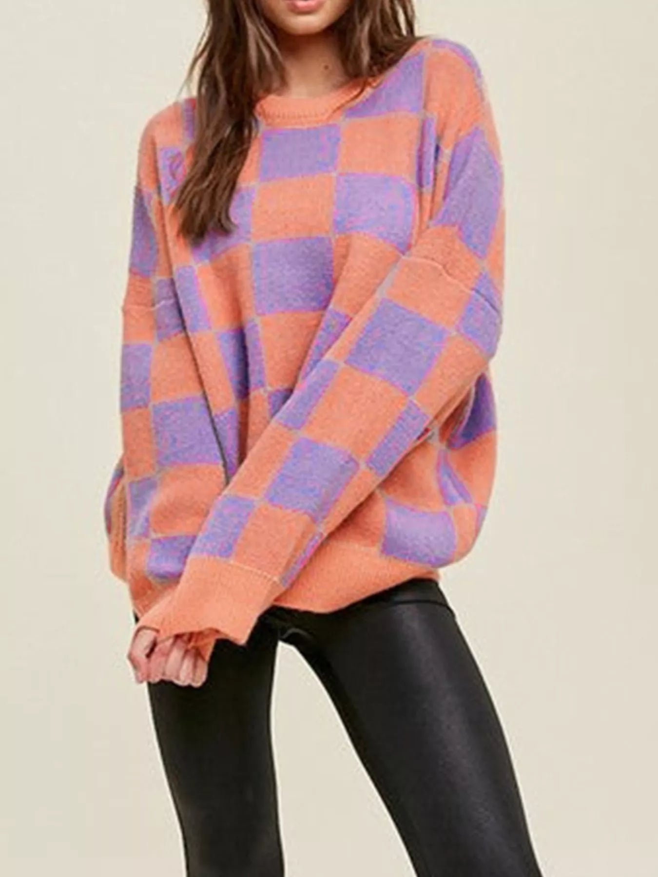 Checkerboard Chic Round Neck Sweater