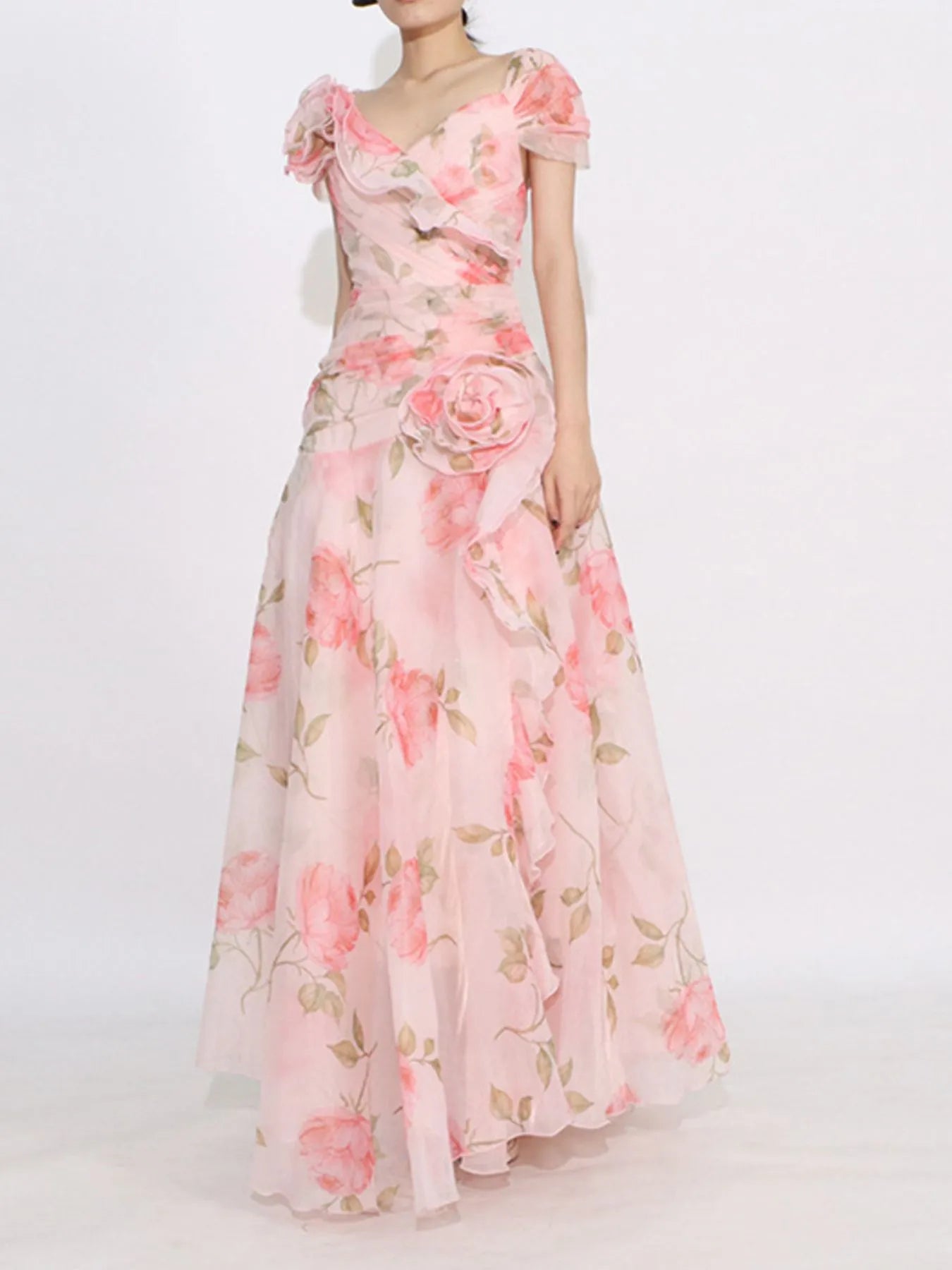 Floral Ruffled Short Sleeve Maxi Dress