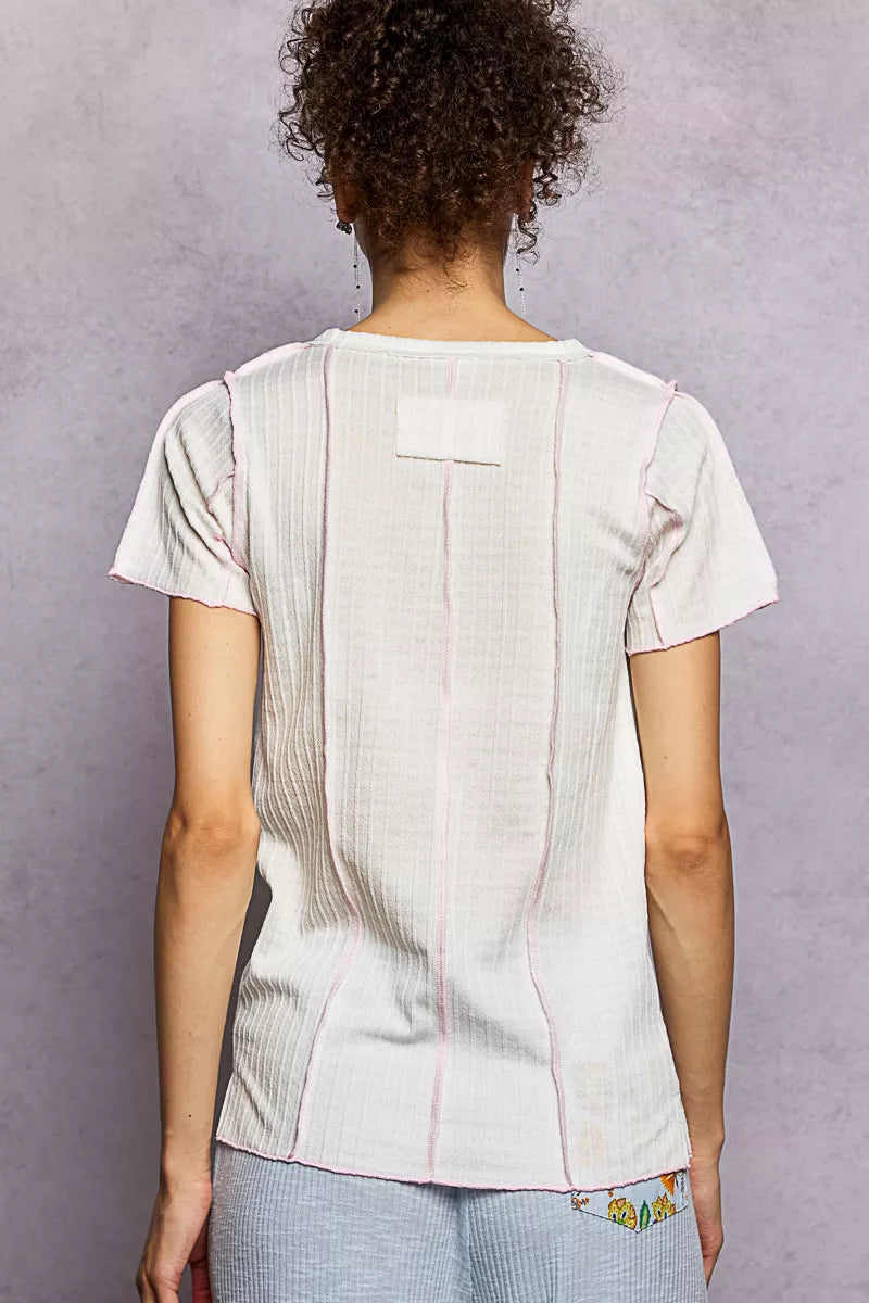 POL V-Neck Short Sleeve Top with Stitch Seam Detail