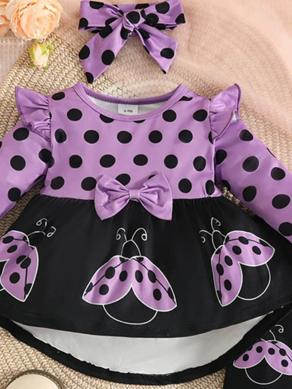 Children's Ladybug Polka Dot Ruffle Trim Top and Pants Set with Headband