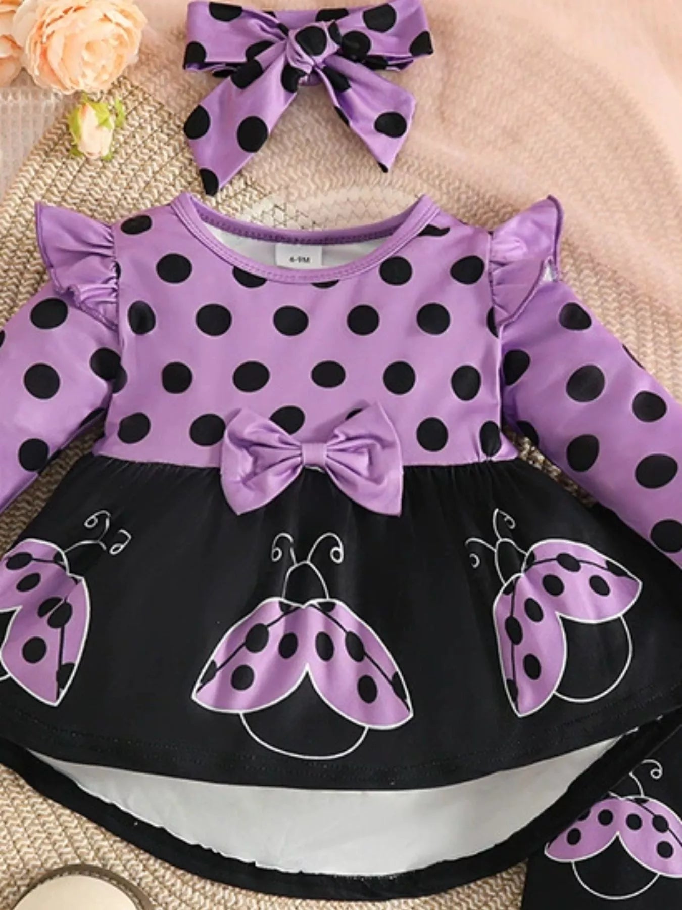 Children's Ladybug Polka Dot Ruffle Trim Top and Pants Set with Headband