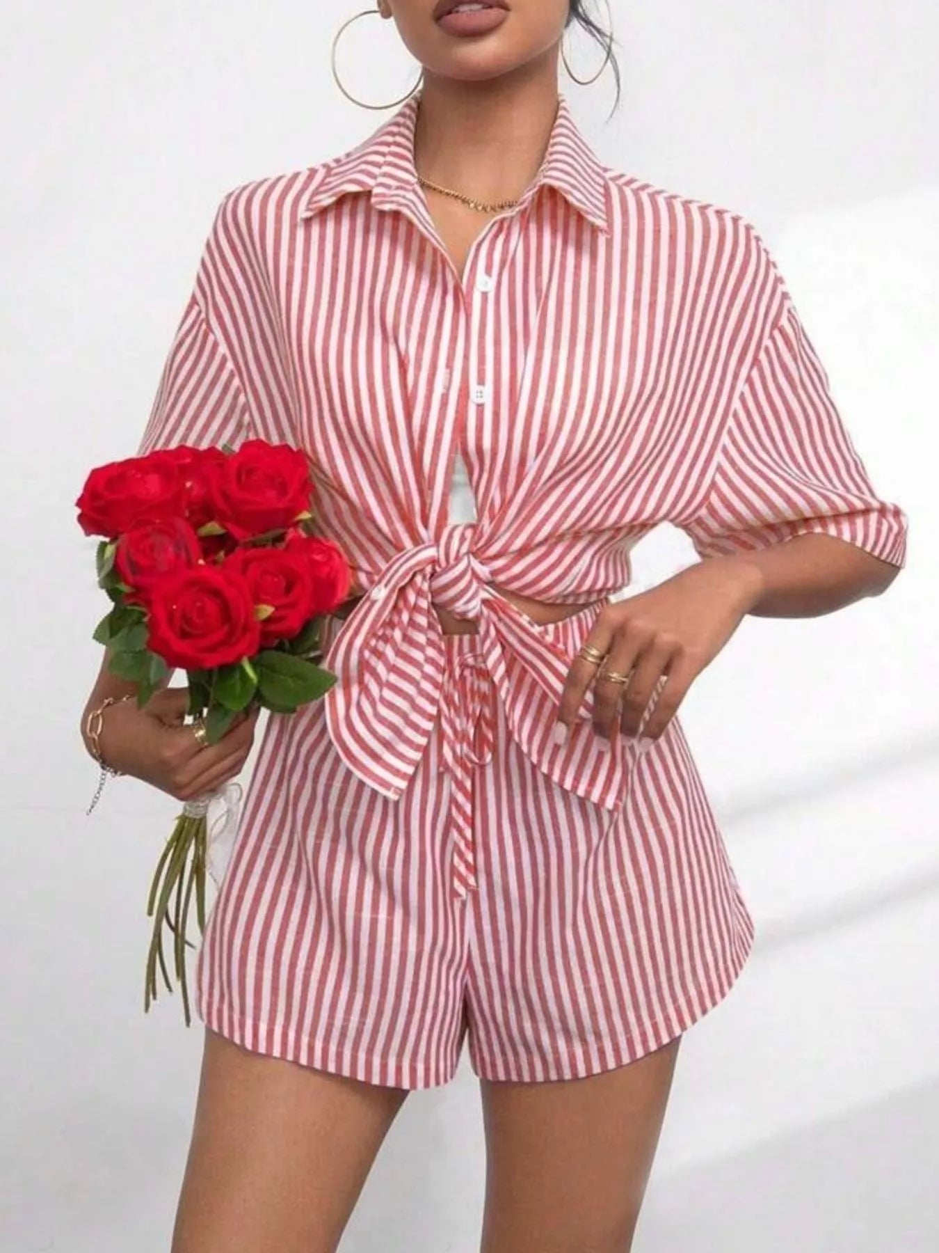 Striped Button Up Shirt and Shorts Casual Set