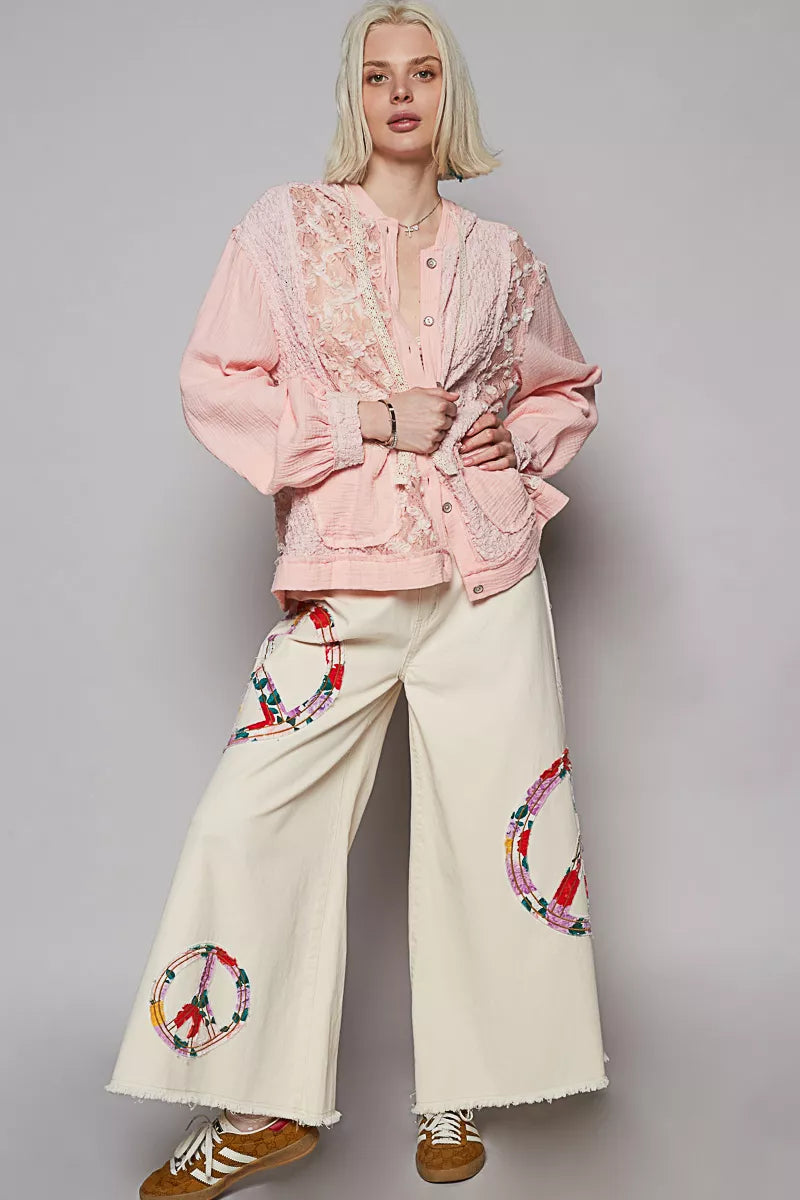 POL Exposed Seam Button Down Hooded Jacket with Lace Detail