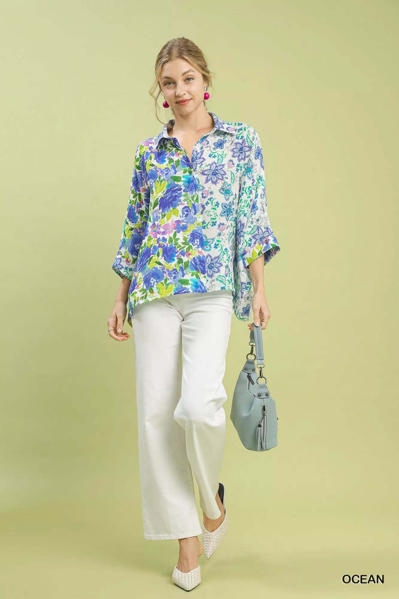 Umgee Mixed Floral Oversized Button Down Shirt