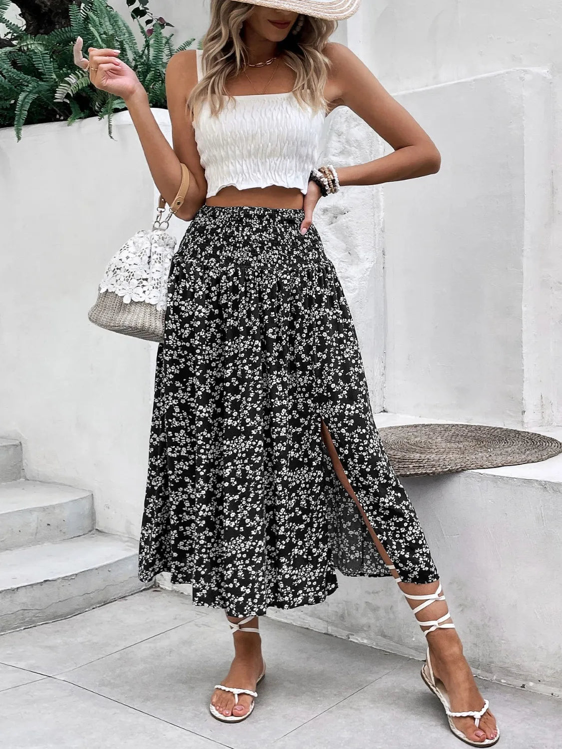 Slit Smocked Printed Skirt