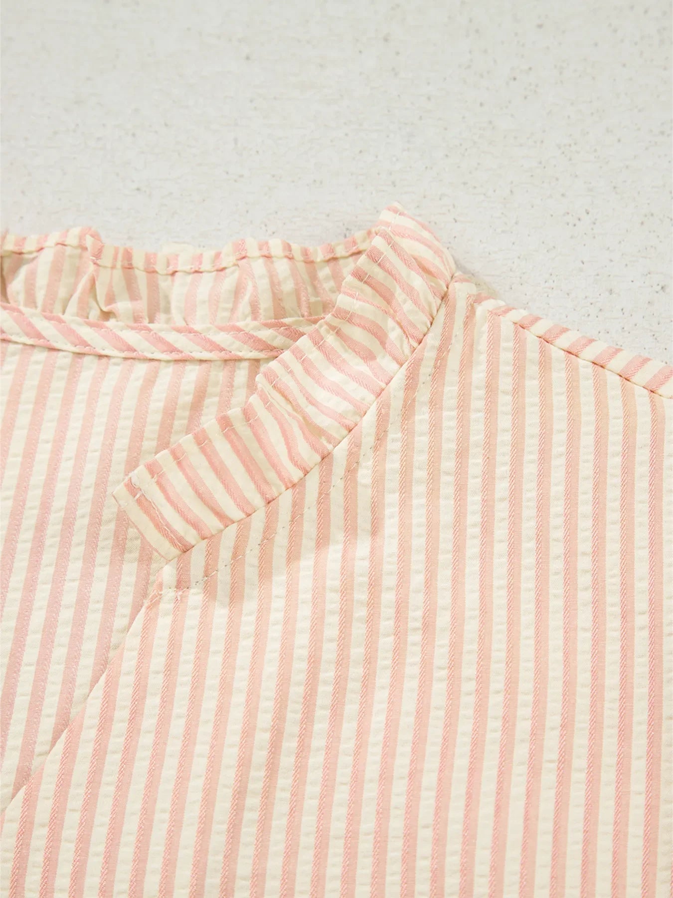 Stripe Bow Knot Cuff Pearl Embellished Puff Sleeve V Neck Blouse