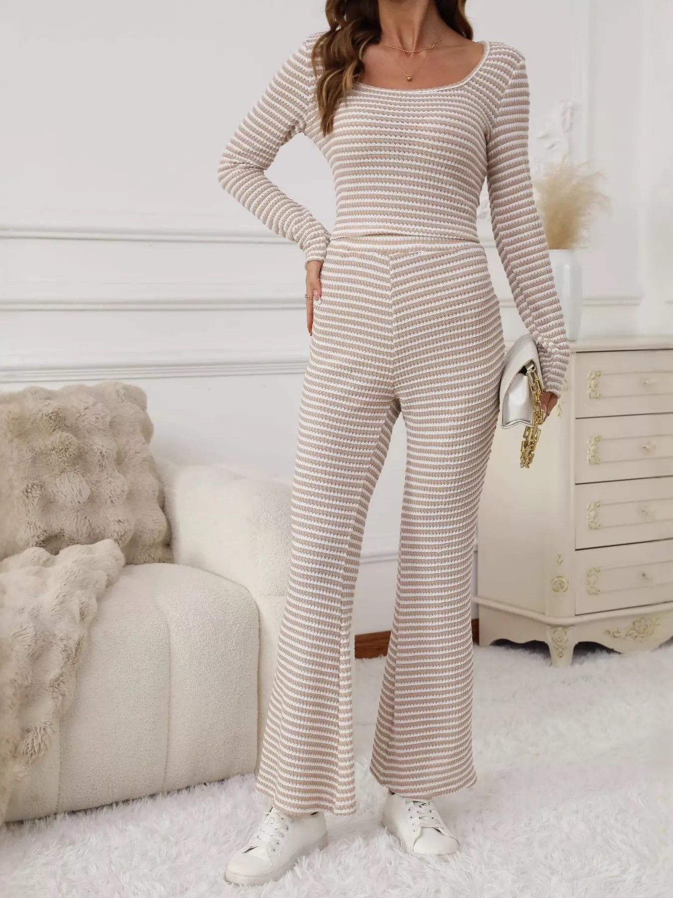 Striped Knit Long Sleeve Top & Flare Leg Pants Set