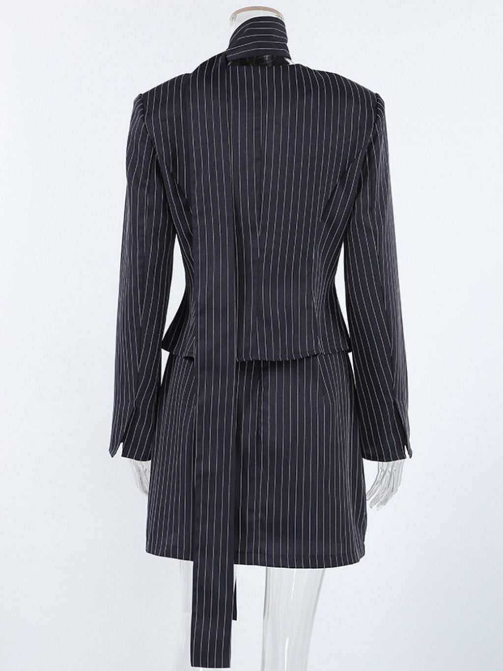 Striped Blazer & Mini Skirt Set with Neck Tie