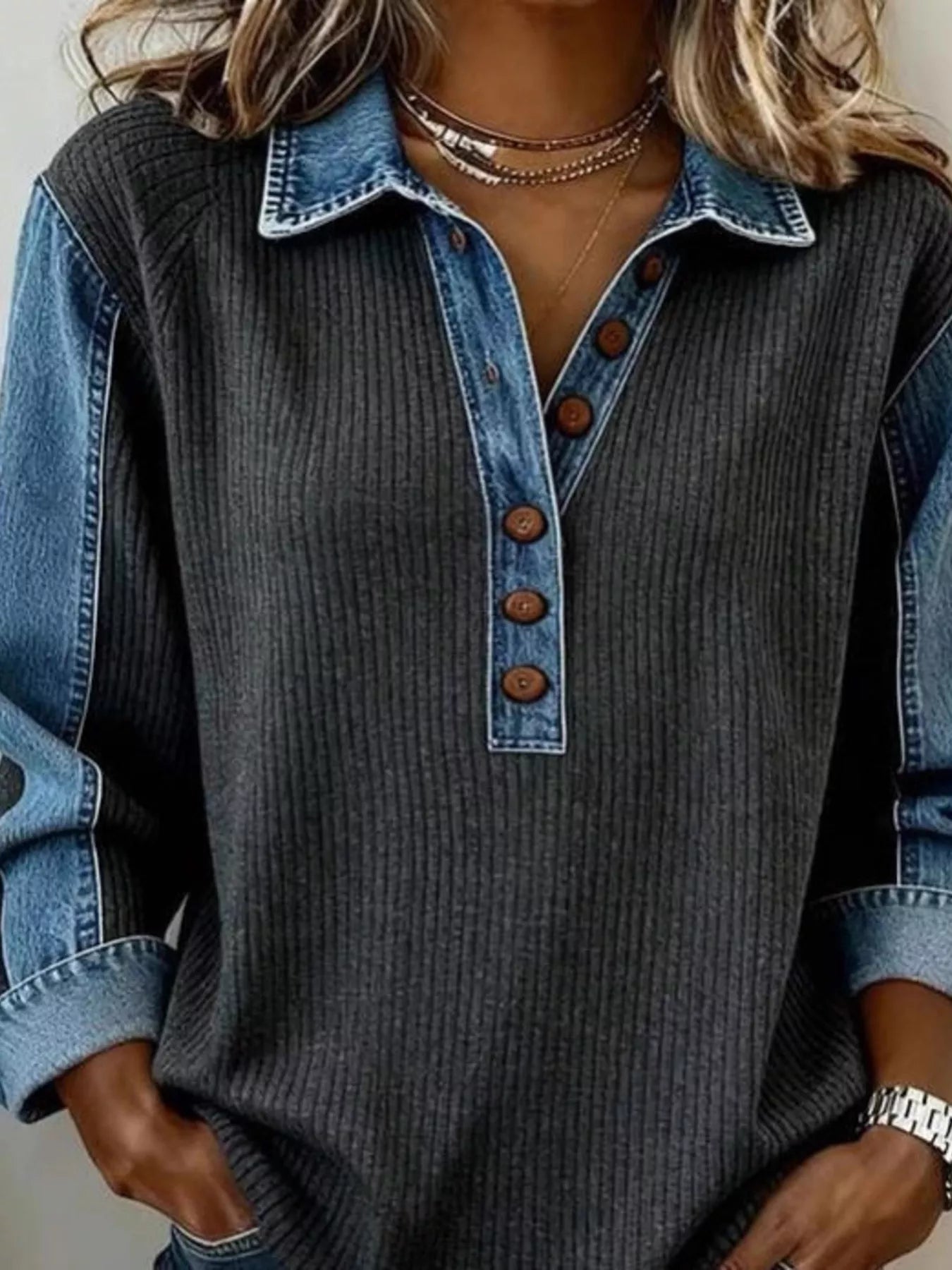 Denim Trim Button Detail Sweatshirt