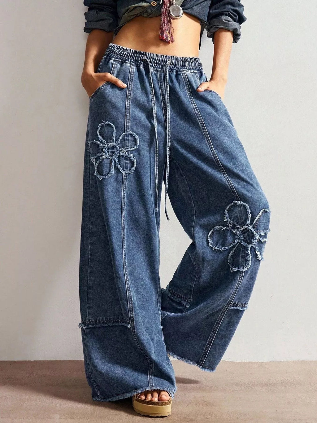 Floral Appliques Wide Leg Jeans