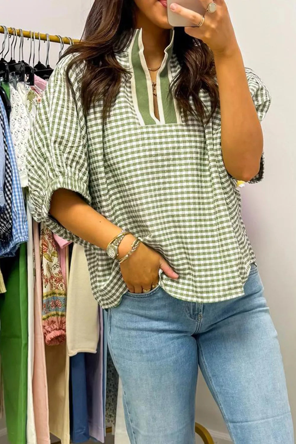 Gingham Half Sleeve Blouse