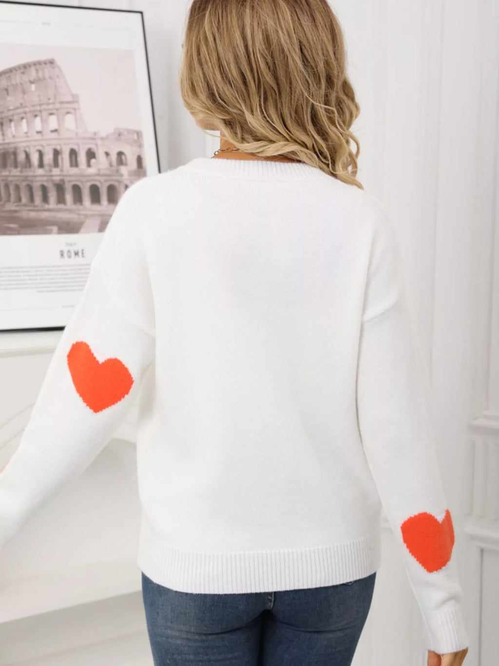 Valentine's Day Heart Pattern Round Neck Sweater