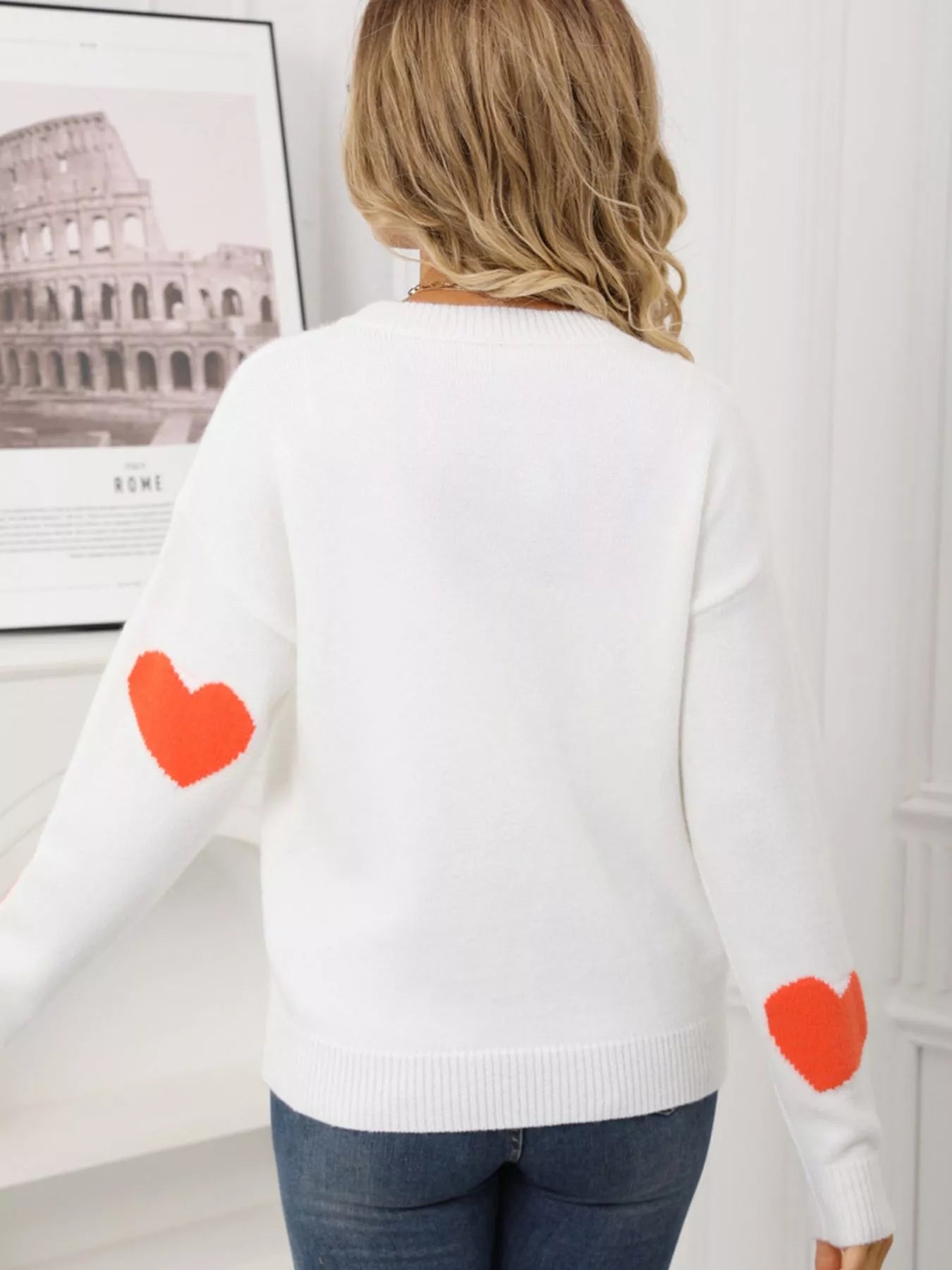 Valentine's Day Heart Pattern Round Neck Sweater