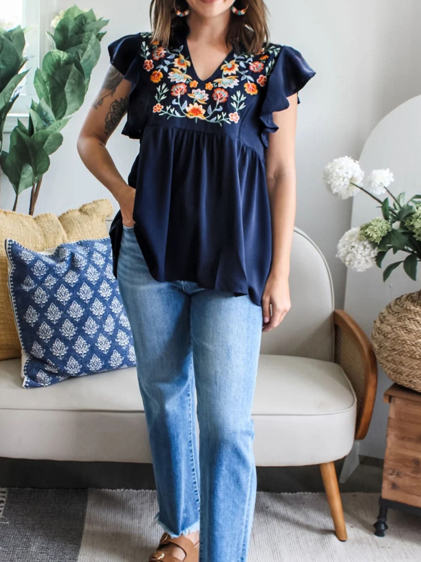 Embroidered Floral Ruffle Sleeve Blouse
