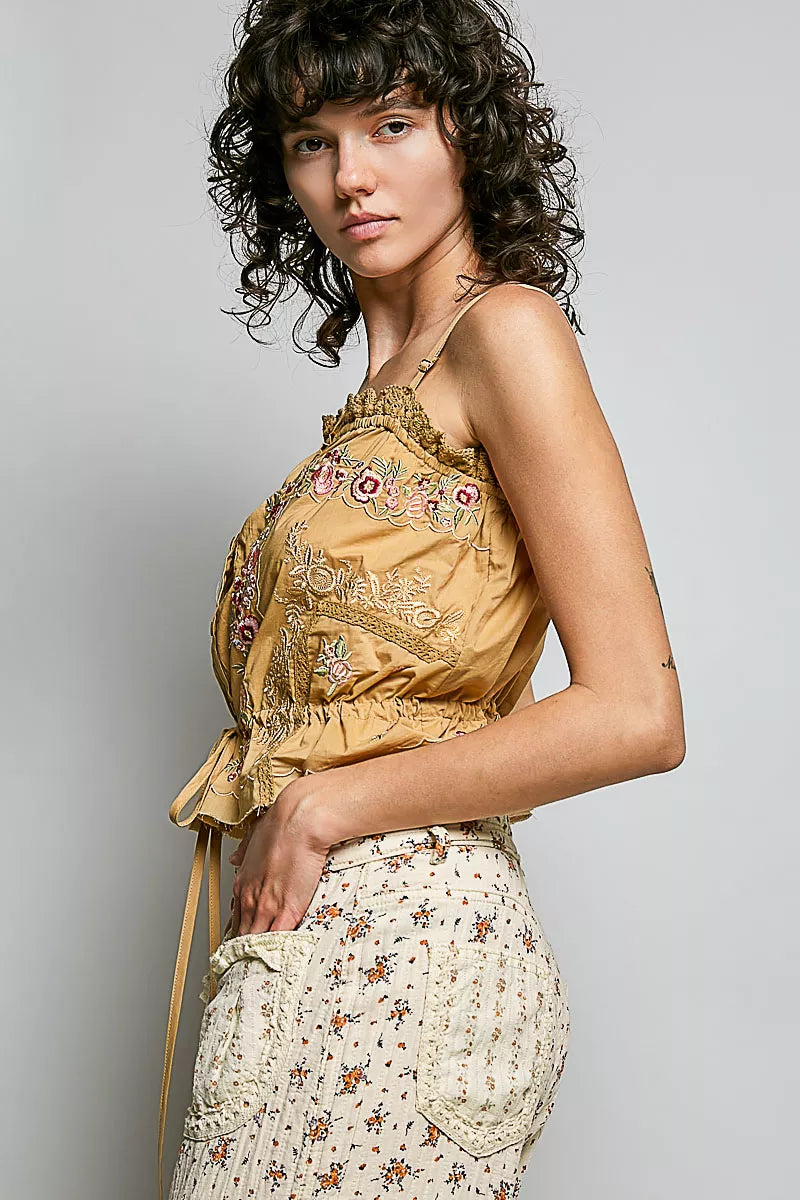 POL Button Down Floral Embroidered Cropped Cami with Lace Detail