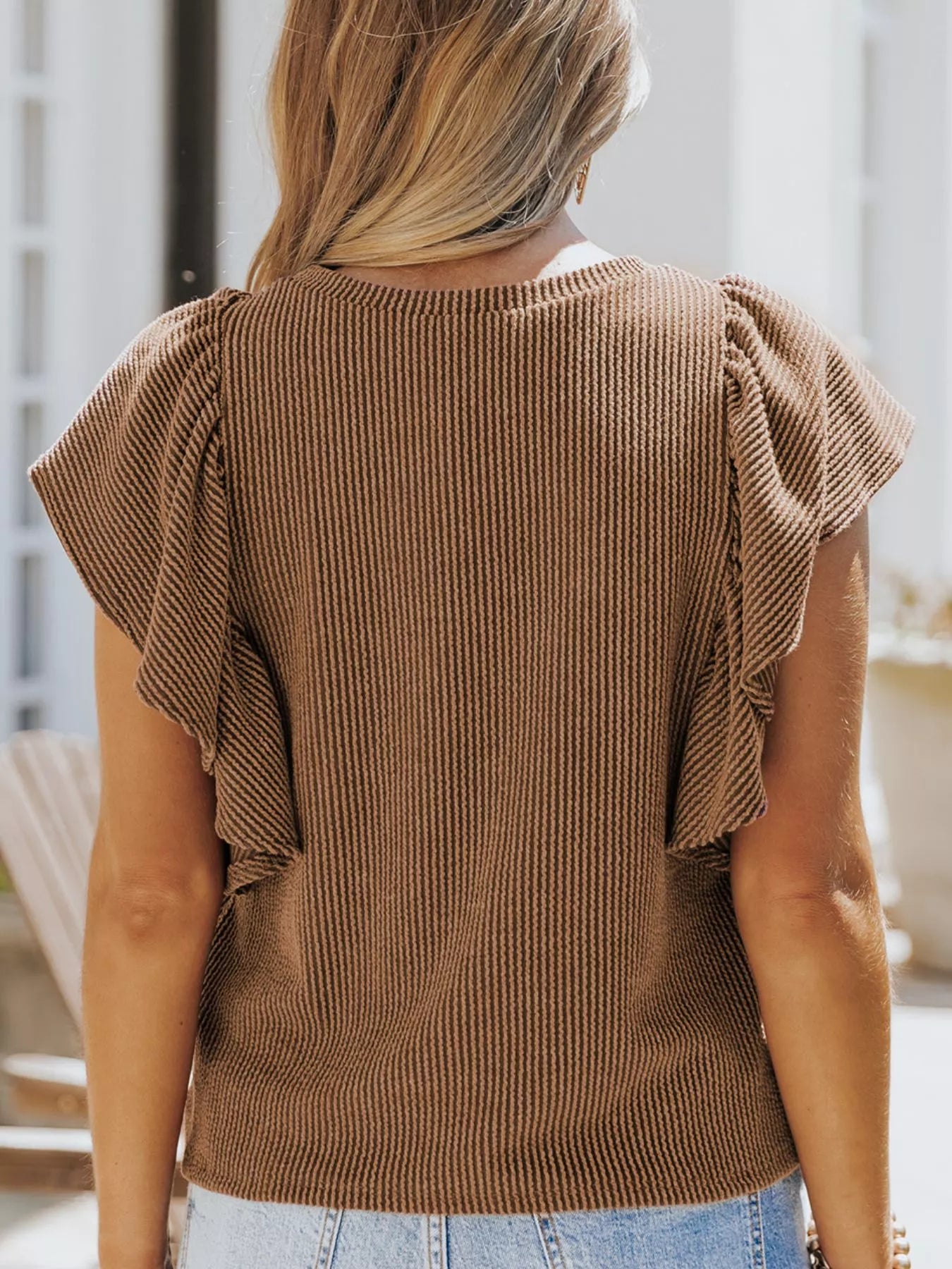 Full Size Ruffled Sleeve Ribbed Knit T-Shirt Plus Size