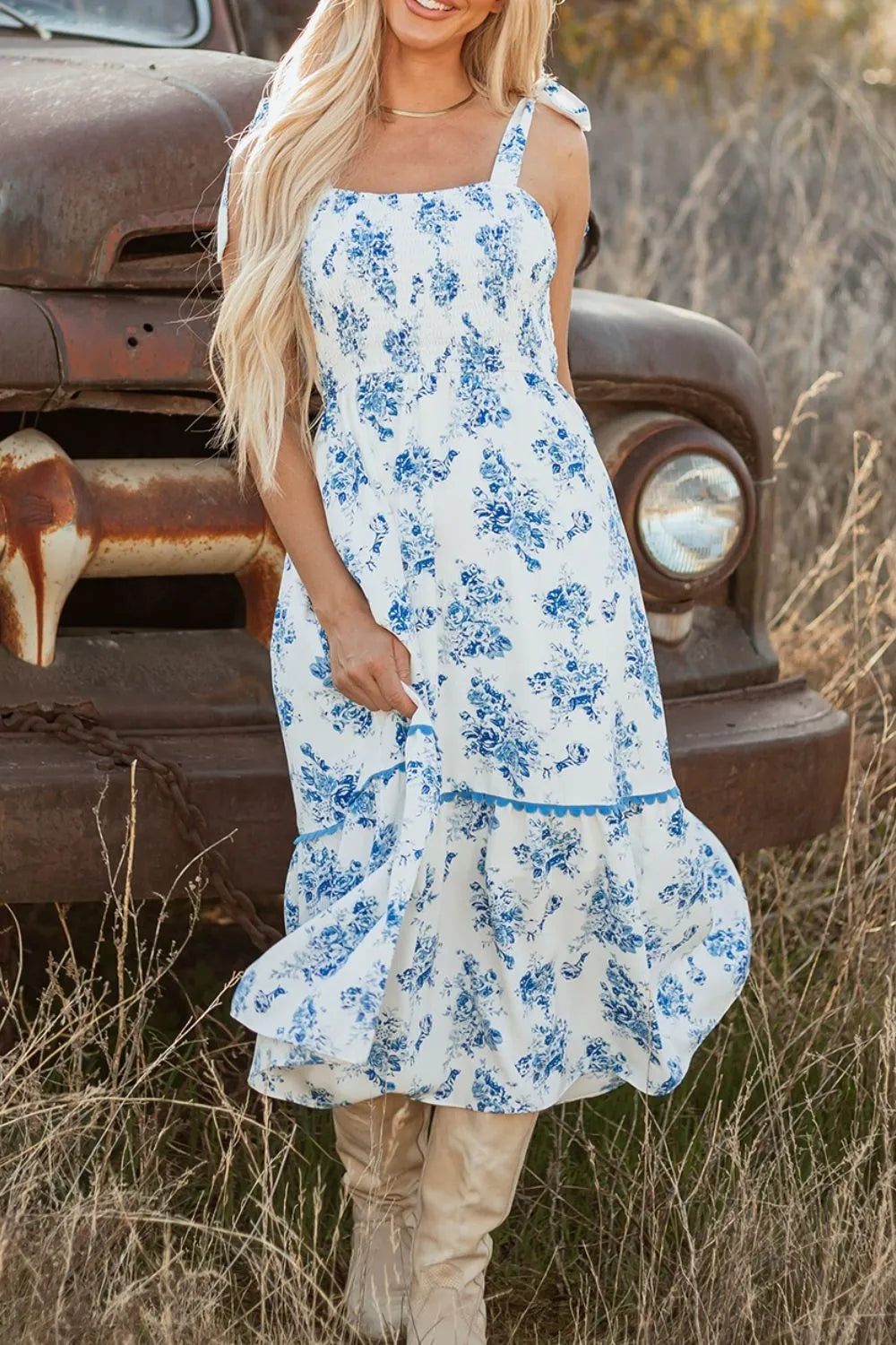 Printed Tie Shoulder Dress
