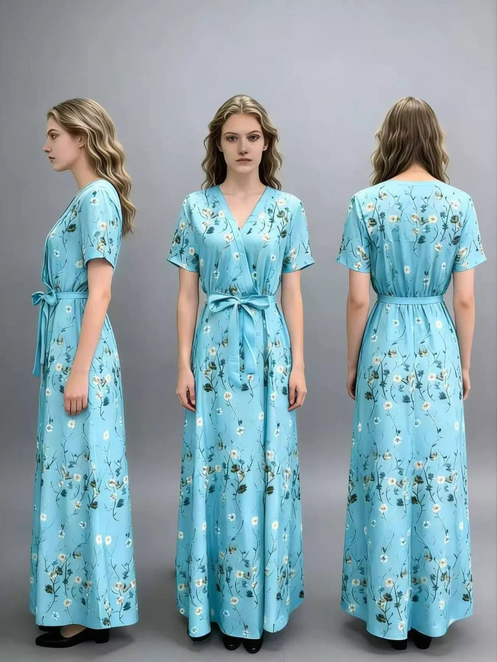 Floral Print Short Sleeve Wrap Maxi Dress