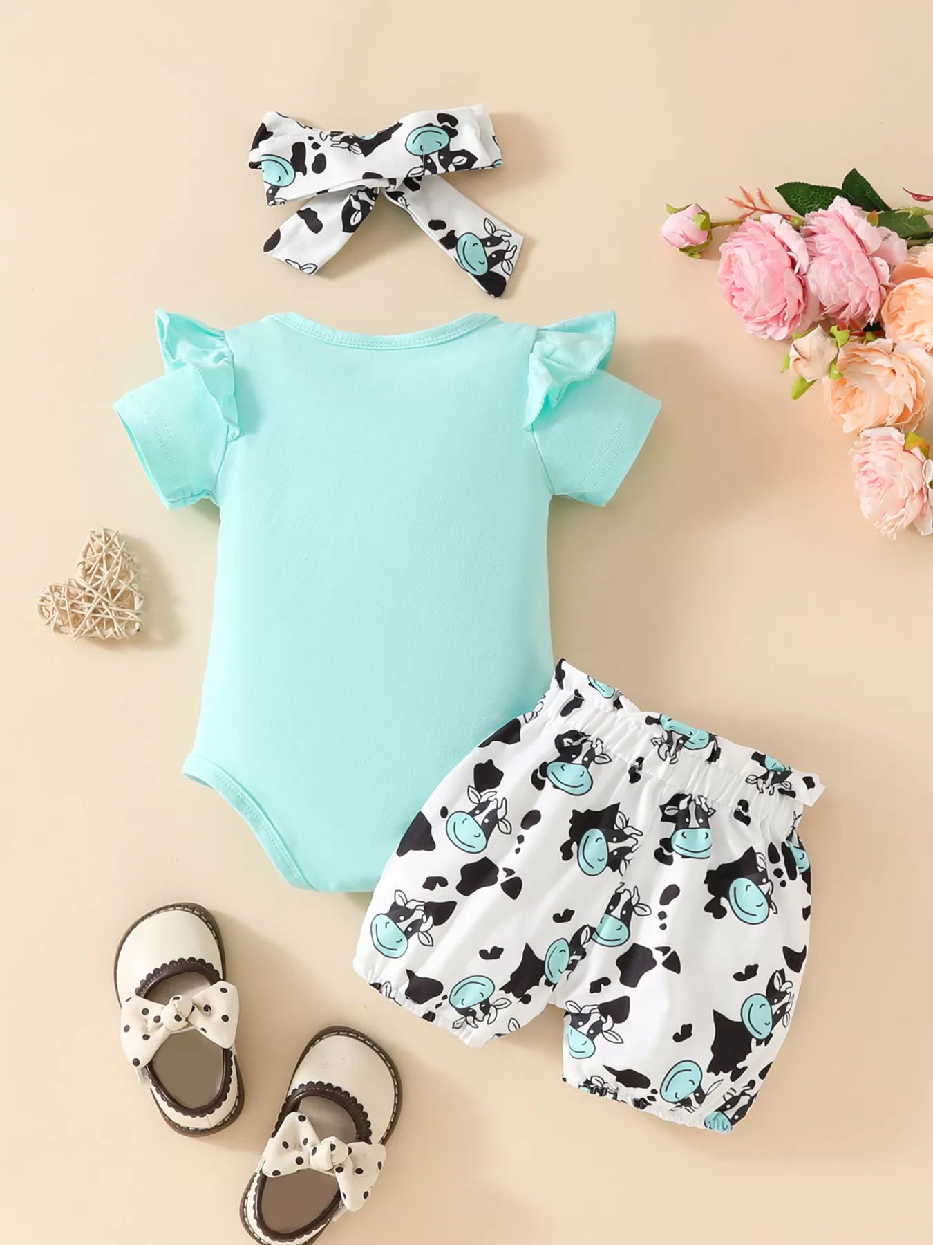 Children's Ruffled Cow Bodysuit and Shorts Set with Headband