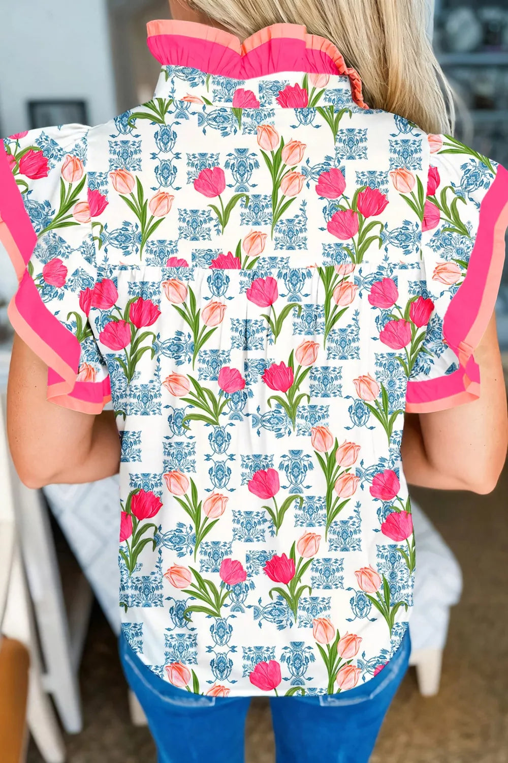 Floral Print Ruffle Collar Blouse
