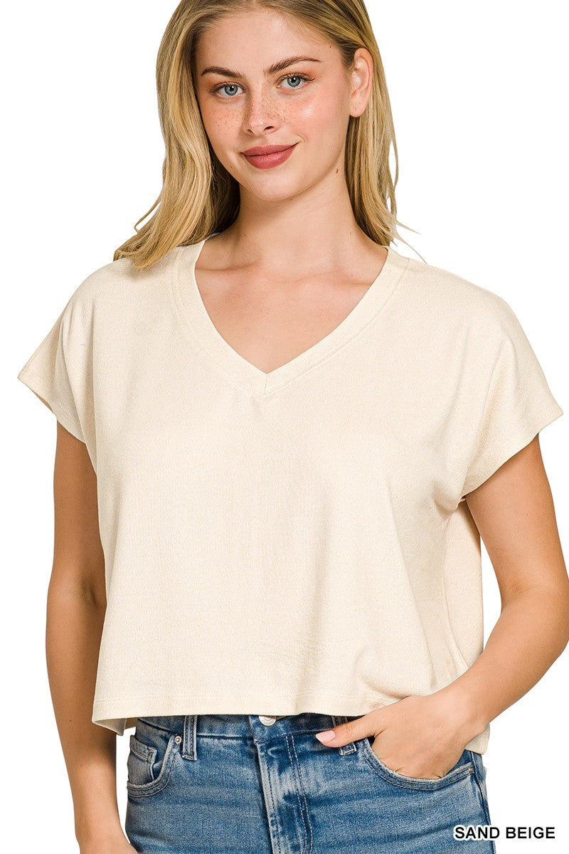 Zenana Soft Melange V-neck Drop Shoulder Cropped Top