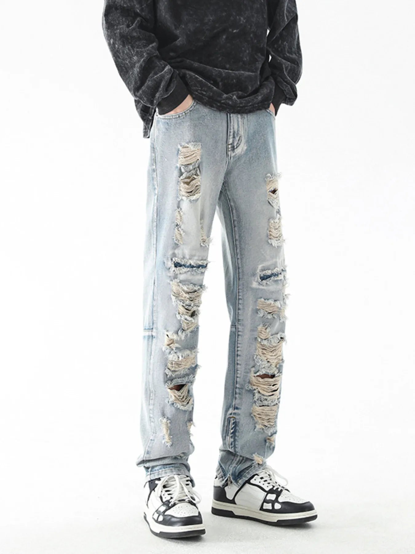 Men's Washed Distressed Straight Jeans