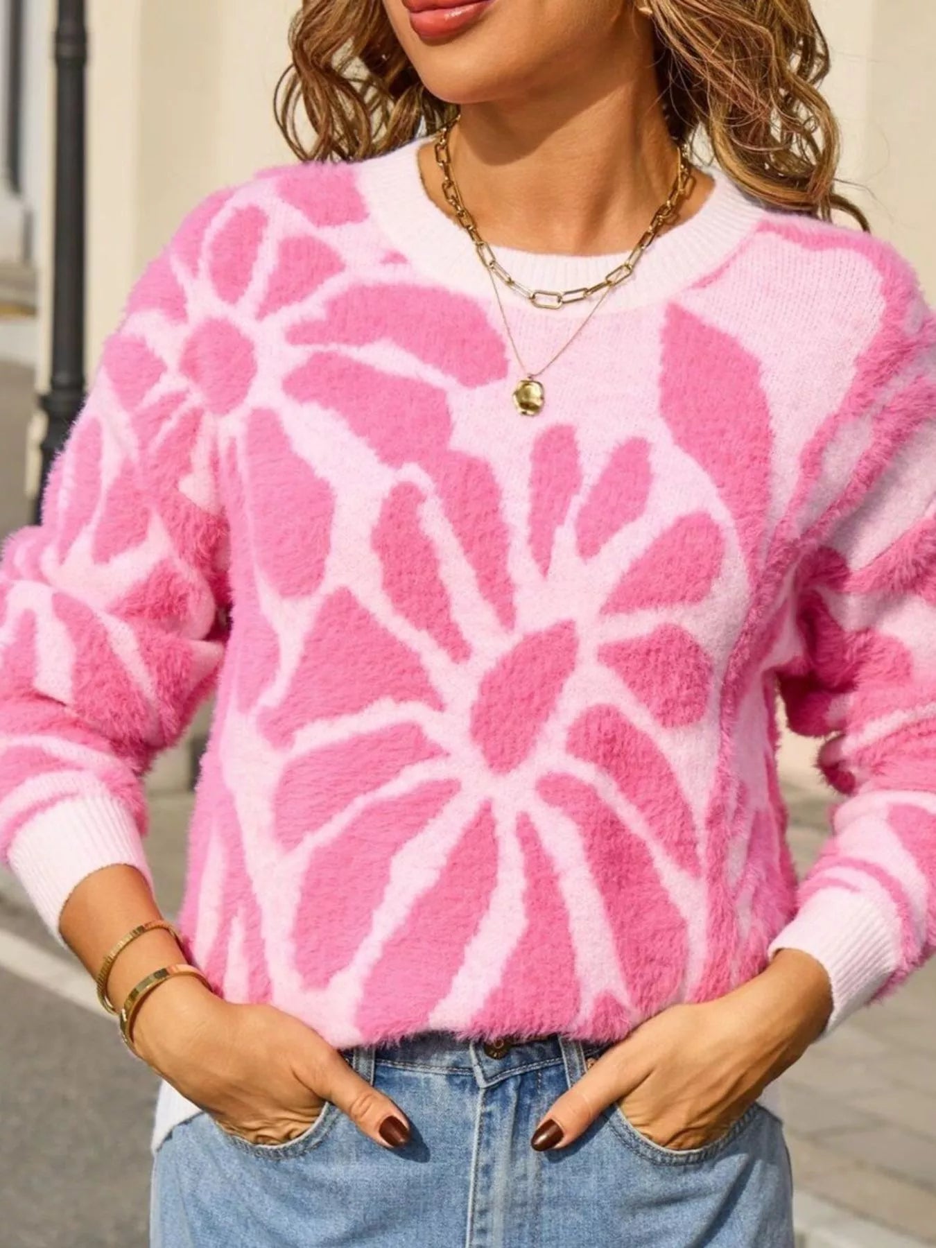 Fuzzy Knit Round Neck Sweater