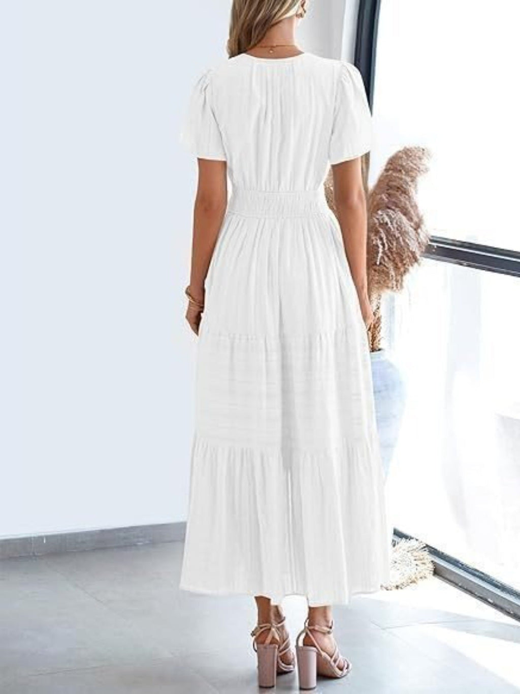 Notched Short Sleeve Tiered Dress