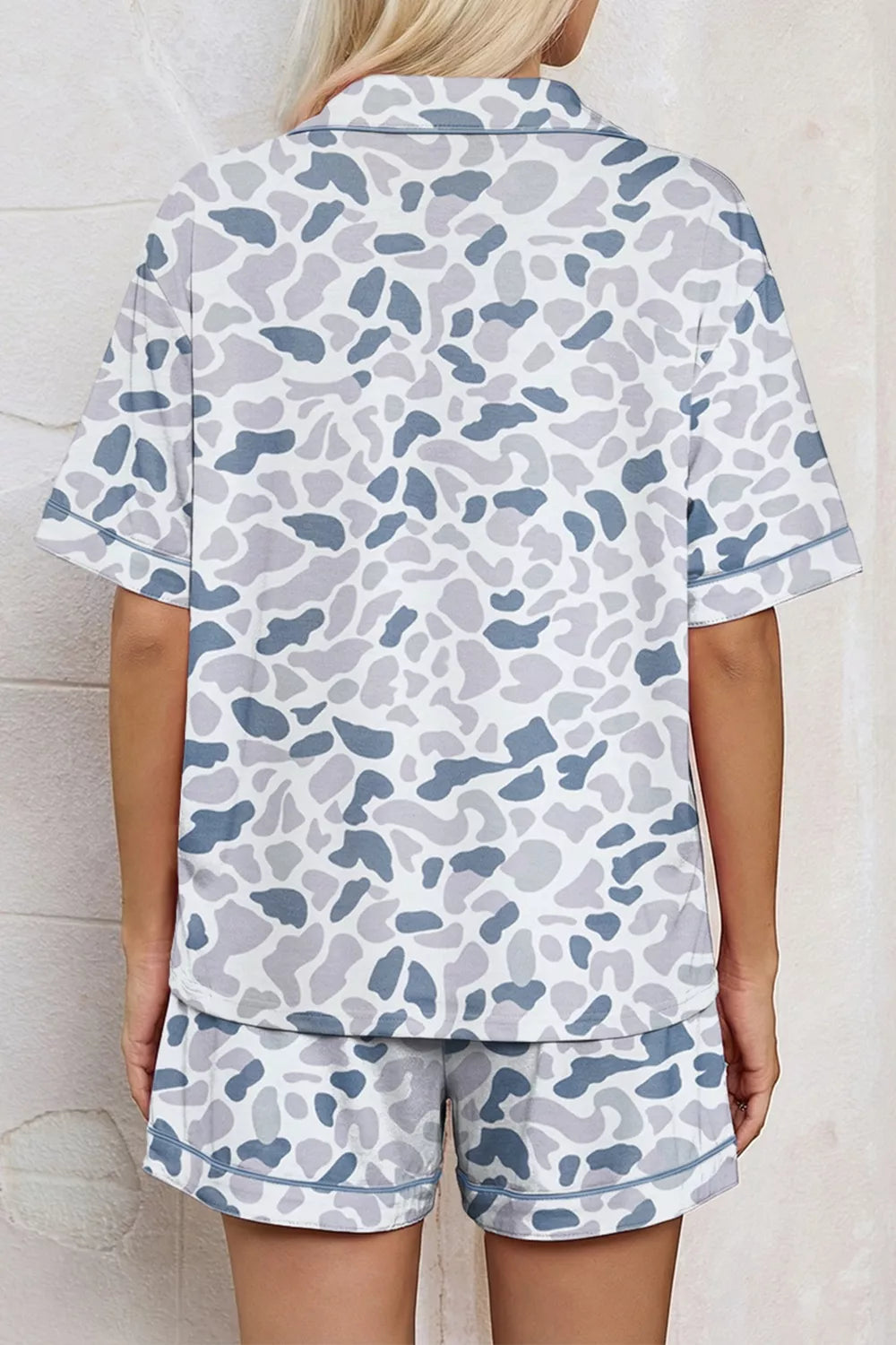 Camouflage Print Lapel Shirt Drawstring 2pcs Short Pajama Set
