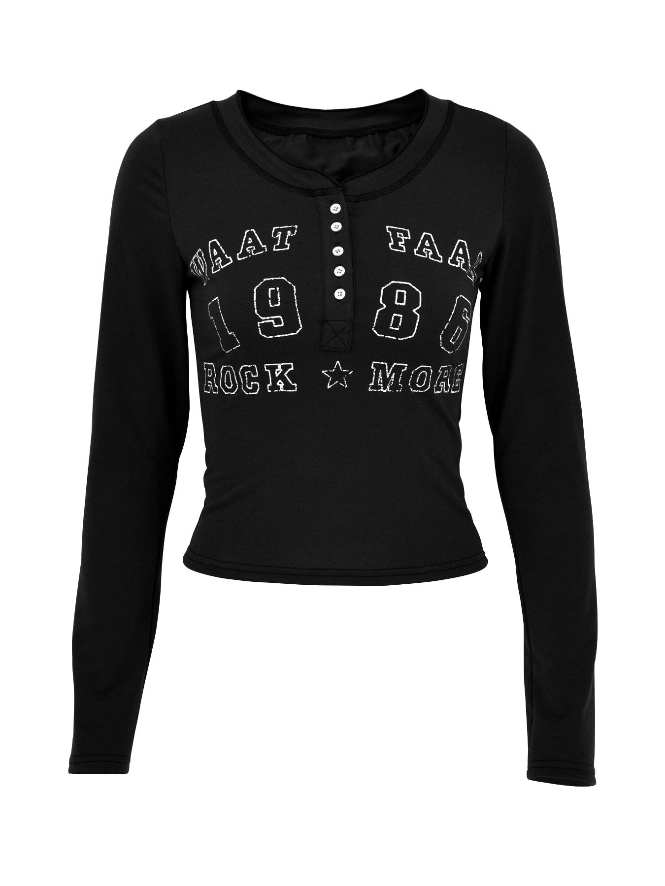 Letter Graphic Button Detail Long Sleeve T-Shirt